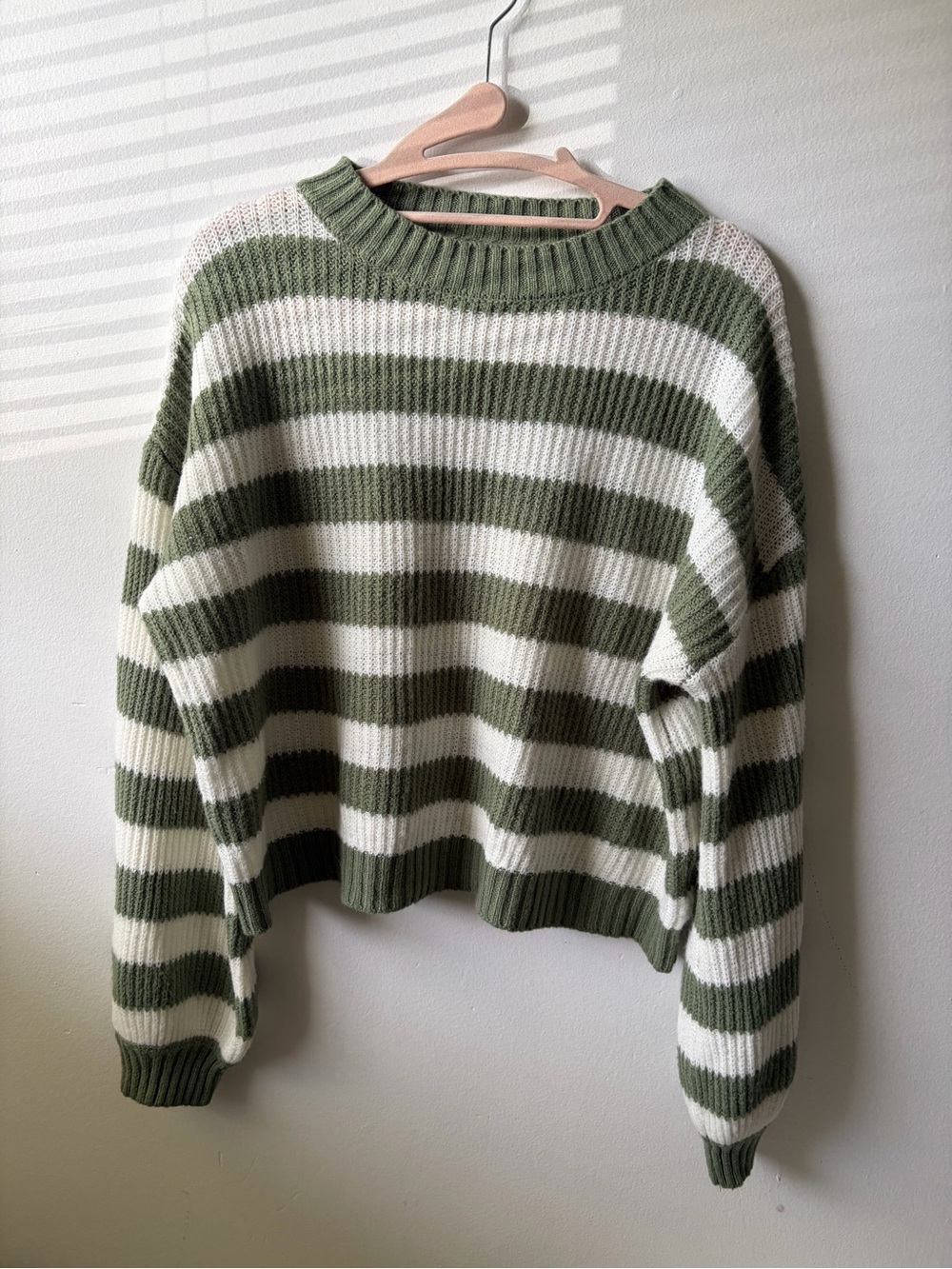 Striped Olive Green and Cream Knit Sweater - Women's Pullover
